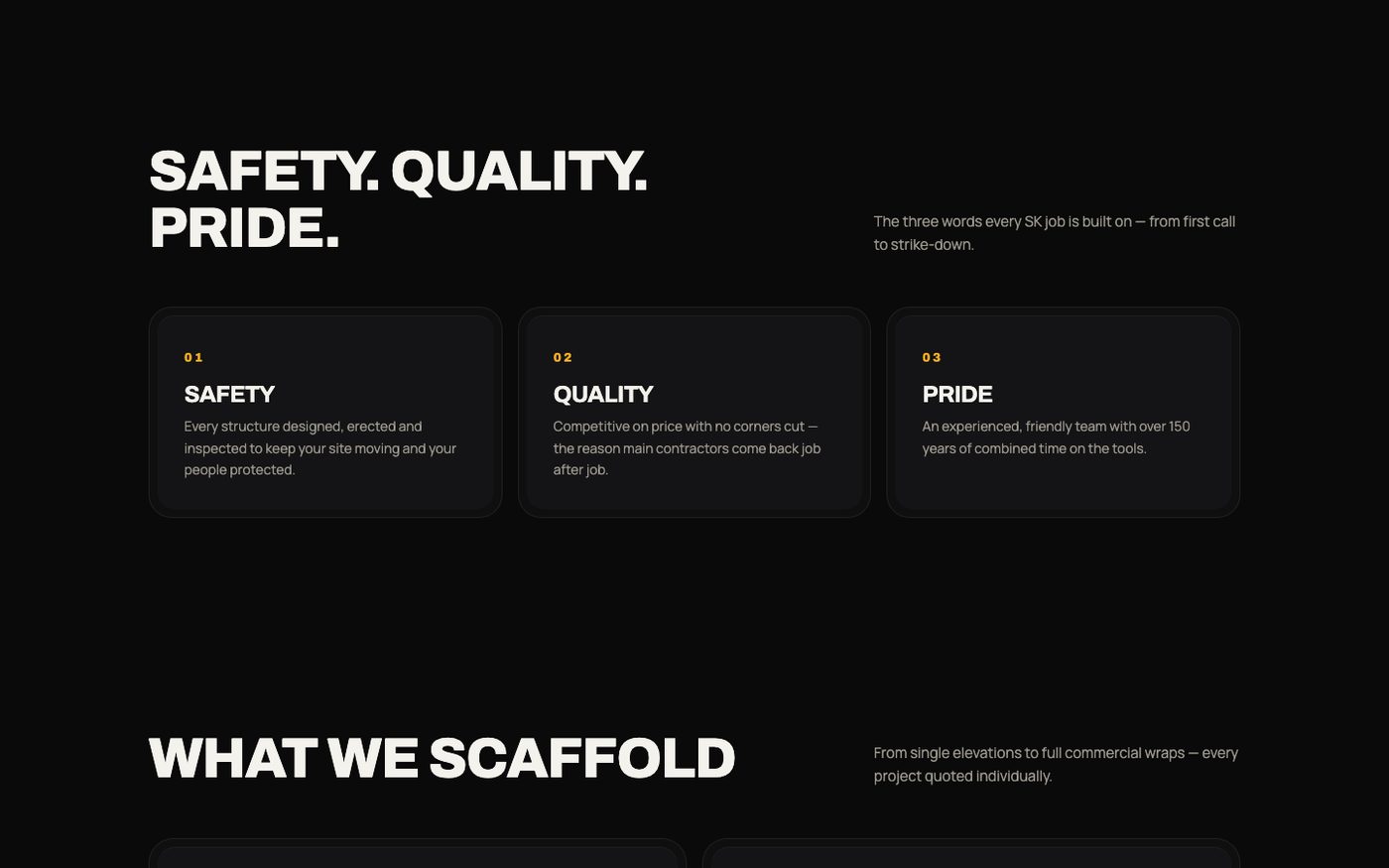 SK Scaffolding Yorkshire website section